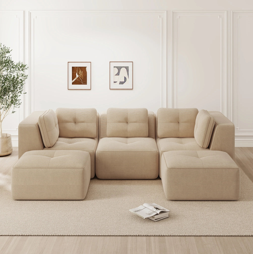 Divano angolare modulare in corduroy beige 297x177x69 cm con seduta profonda