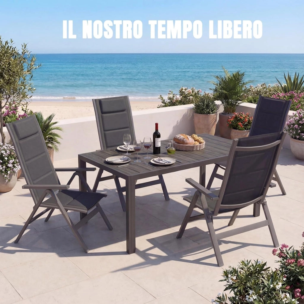 Set Tavolo e Sedie da Giardino 5 Pezzi, Composto da Tavolo 150 cm in Alluminio e 4 Sedie Pieghevoli, Tavolo da Giardino con Finitura a Vena di Legno con Sedie da Terrazza, Balcone, Grigio