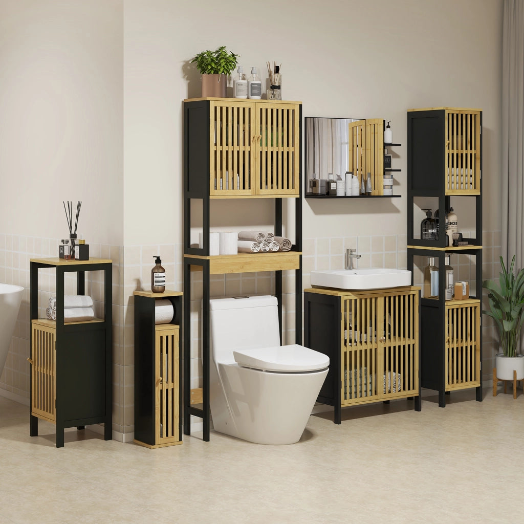 Mobiletto Bagno con Ripiano Aperto e Armadietto, in Bamb¨´ e MDF, 18x18x75 cm, Nero e color Legno