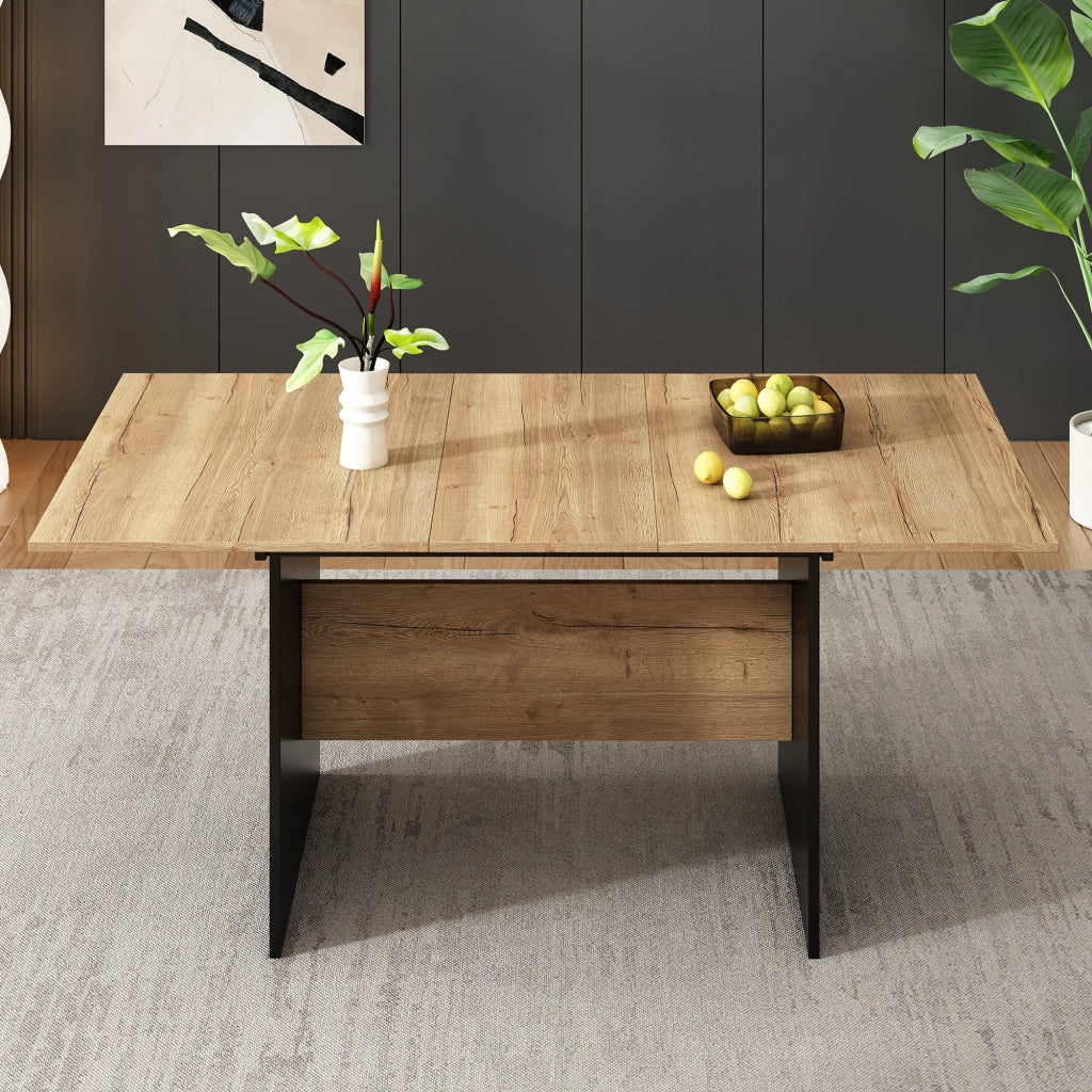 Tavolo allungabile per 4-6 persone con piano effetto legno, in MDF, nero e noce scuro, stile minimalista moderno