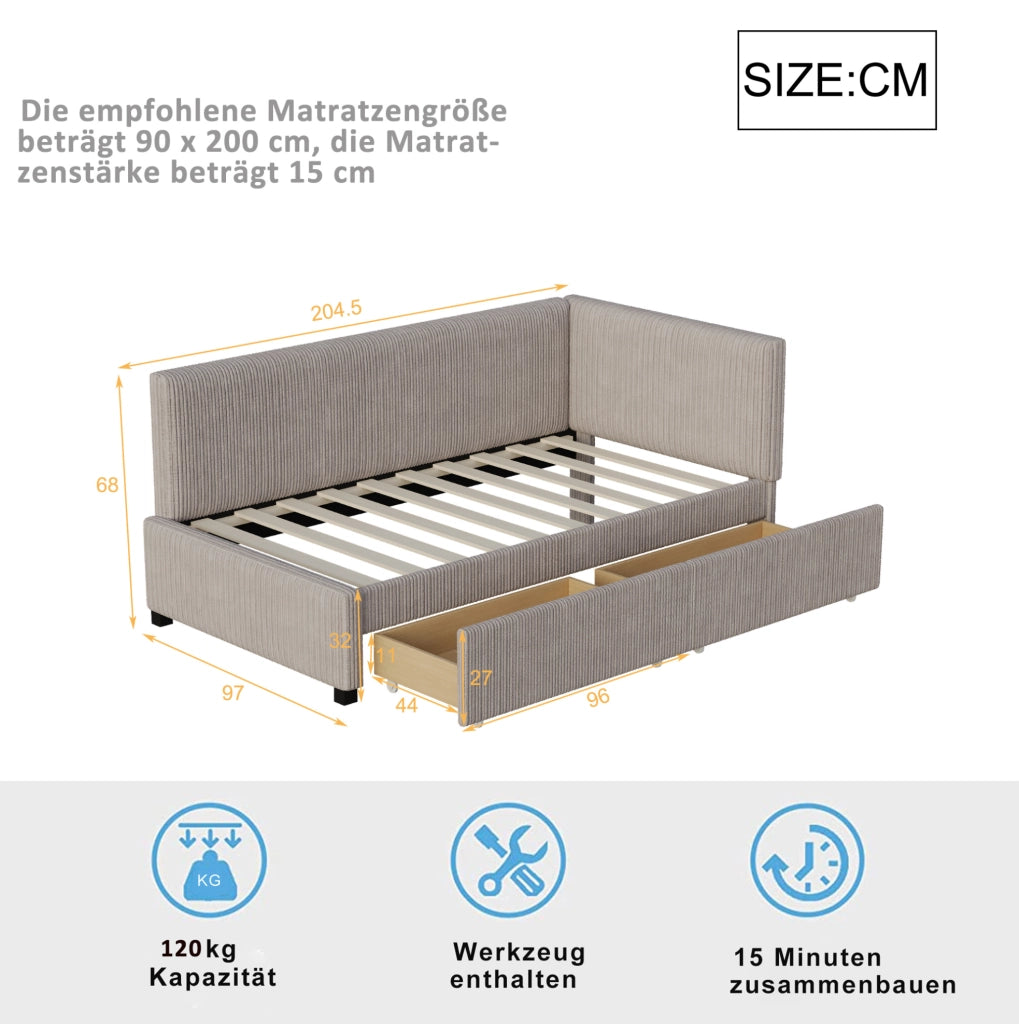 Divano letto 90x200 cm con 2 cassetti; rete a doghe; velluto grigio