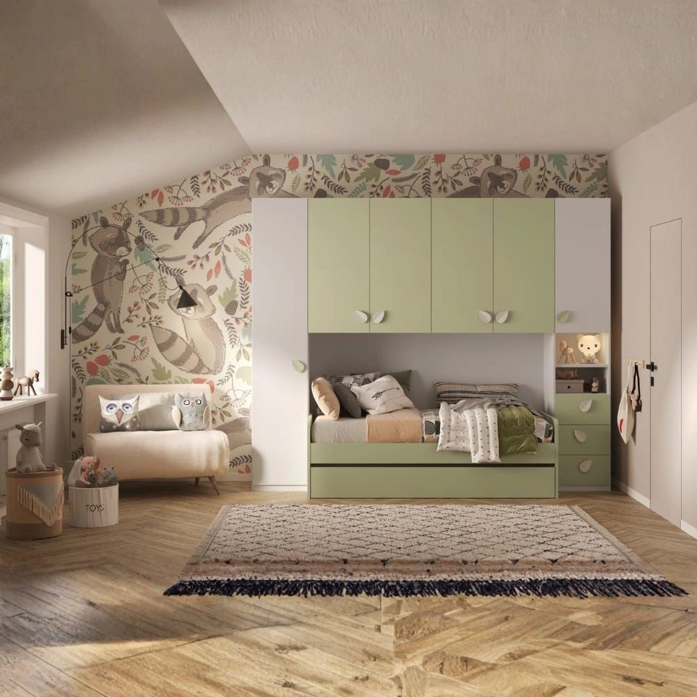 Cameretta a ponte Gilbert bianco opaco e verde pistacchio con 2 letti 293x5x240.5H