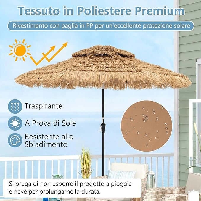 Ombrellone da Giardino in Paglia PP, Ombrellone Hawaiano 256 cm, con Luci LED, Manovella Manuale, Inclinazione di 35°, Ombrellone Tiki con 8 Stecche per Spiaggia Giardino