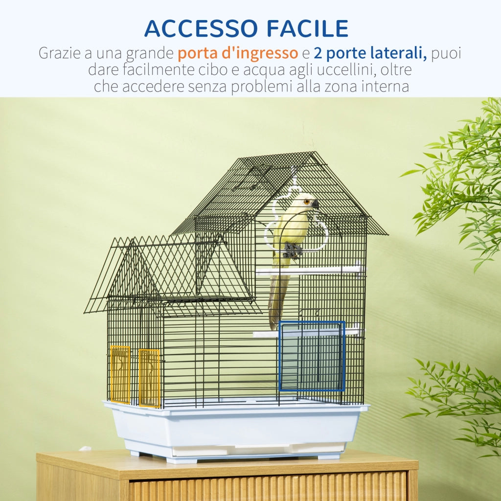 EasyComfort Gabbia per Uccelli in Metallo con Maniglia, Vassoio Estraibile, Pioli e Altalena, 39x33x47cm, Bianco