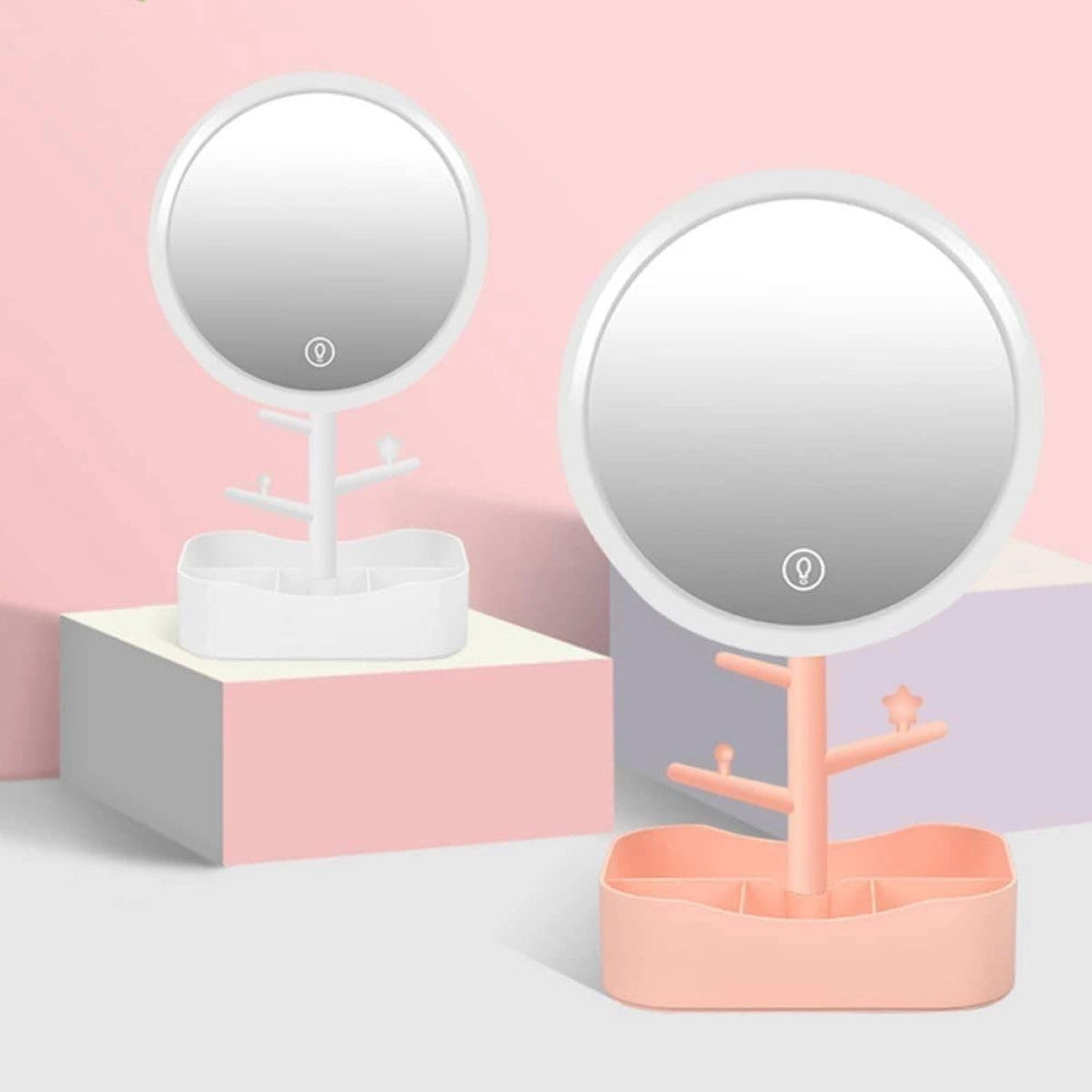 Trade Shop - Specchio Per Trucco Makeup Da Tavolo Con Luce A Led Ricaricabile + Portagioielli -