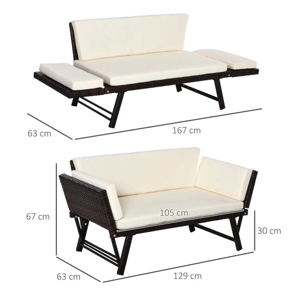 Divano da giardino in rattan con braccioli reclinabili marrone