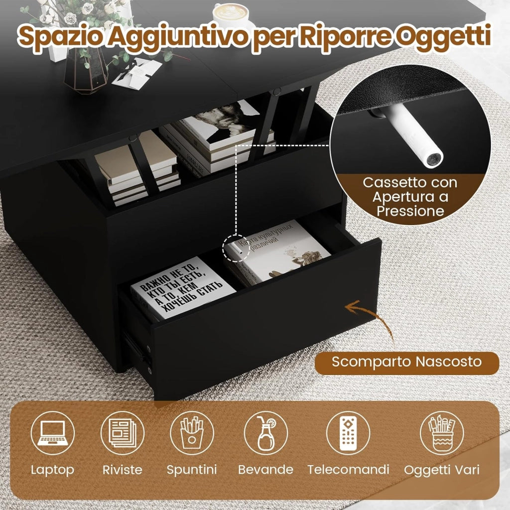 Tavolino da Caffè con Piano Sollevabile, Tavolo Moderno 3 in 1 Pieghevole con Contenitore Nascosto, Cassetto e Ruote Girevole 360°, Tavolino Versatile per Soggiorno e Ufficio (Nero)