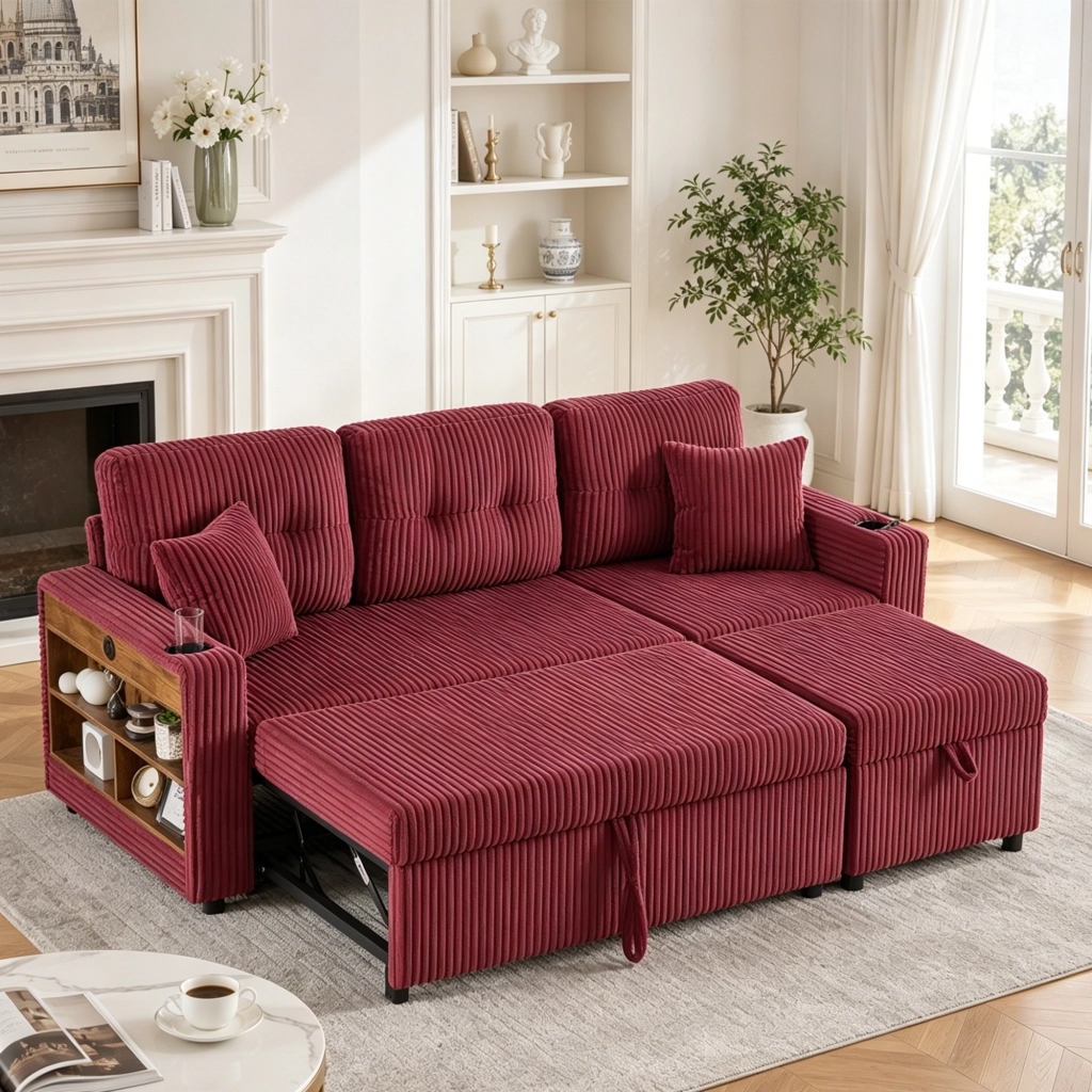 DIVANO Letto con contenitore 196x82-144x85 cm Tessuto a coste Rosso vino USB-C LED