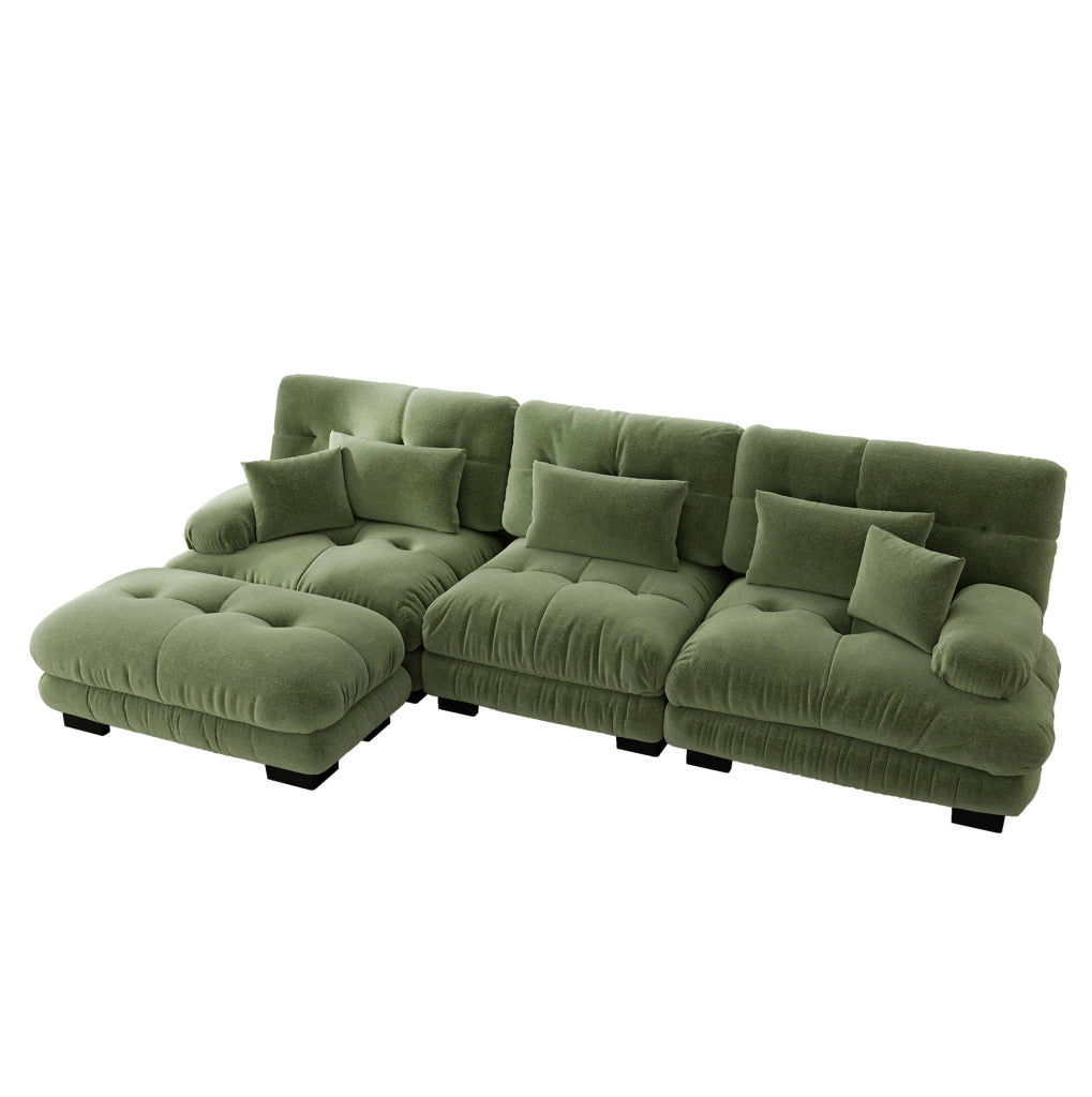 Divano modulare angolare in chenille verde con ottomani mobili