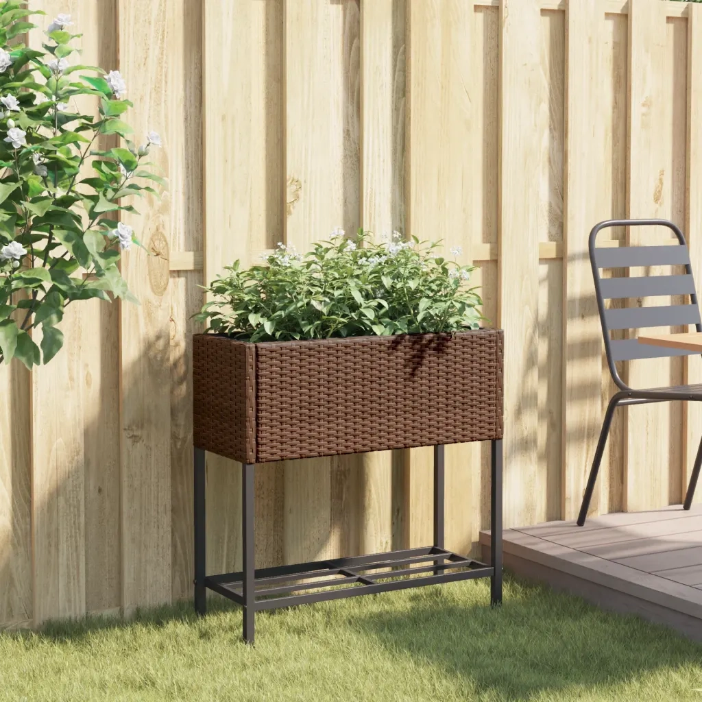 Fioriera | Cassetta per fiori | Vaso da Giardino con Ripiano Marrone in Polyrattan