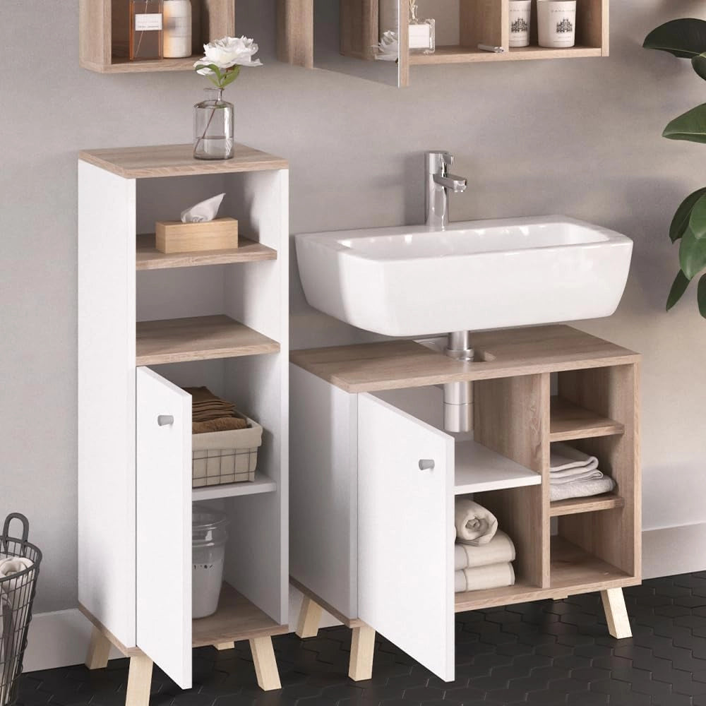 Set mobili bagno Senyo, Bianco, 62 cm, composto da armadietto a specchio, base lavabo, armadio medio e 2 scaffali bagno