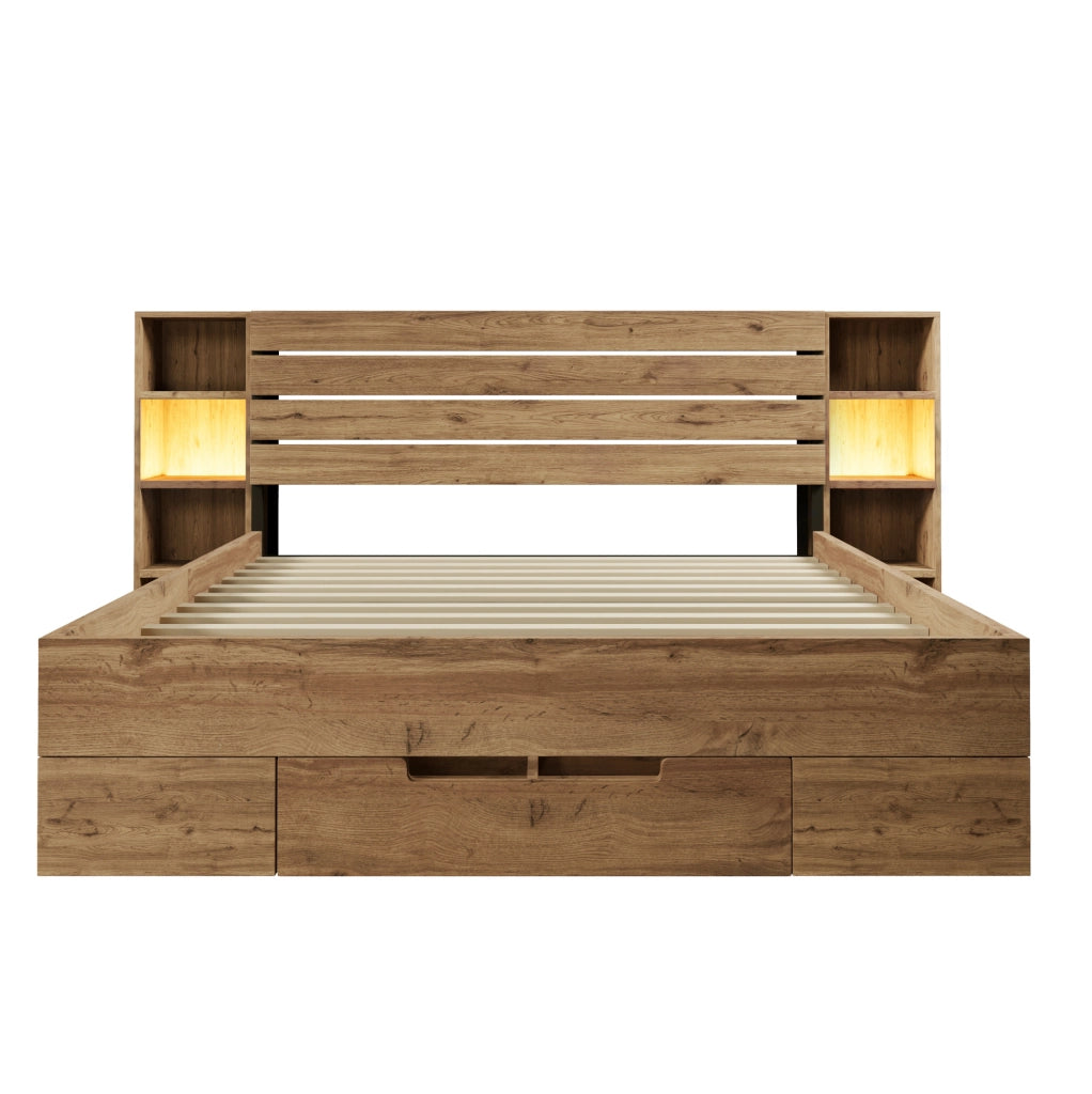 Letto matrimoniale ULEVR 160x200 cm con LED, USB e Type-C, vani nel testiera e 2 cassetti, rovere