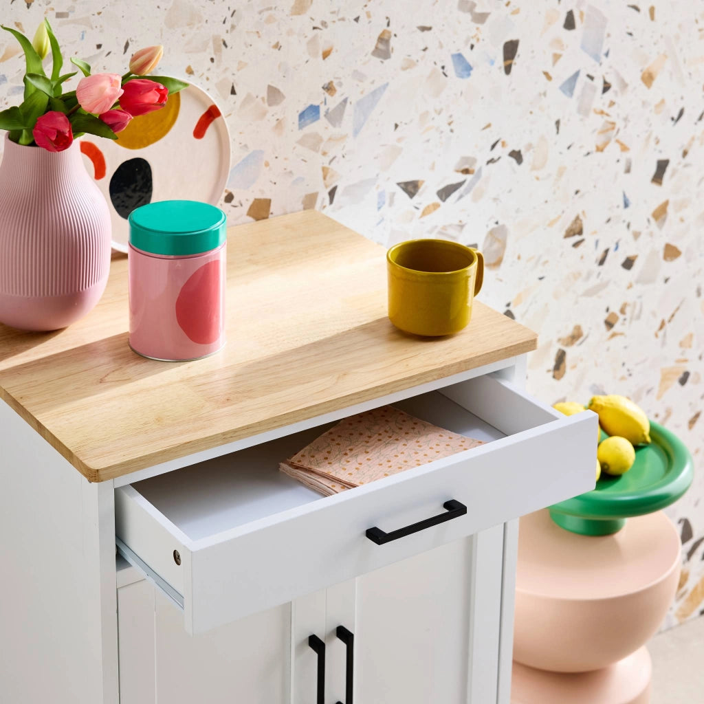 Carrello da cucina in legno di gomma con 2 ripiani, 56cm , bianco