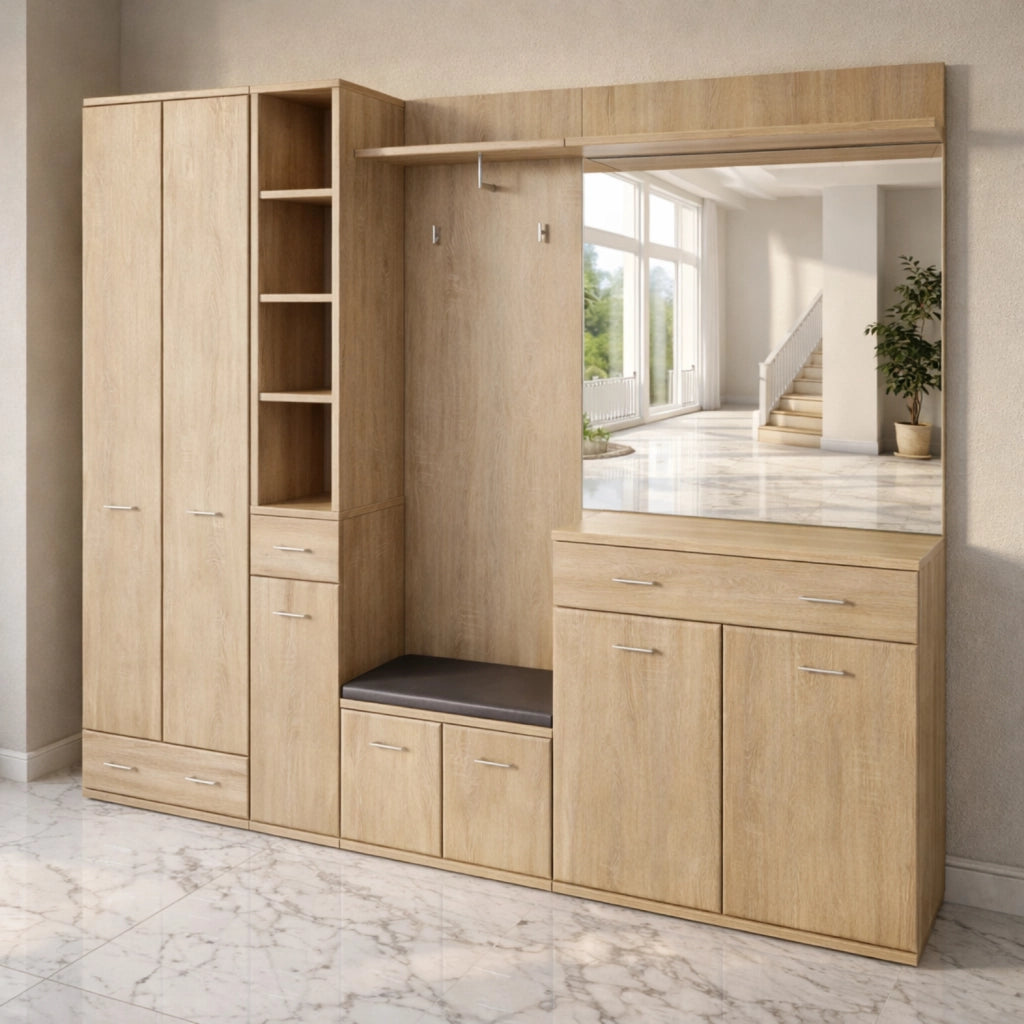 Mobile Ingresso Panca Portascarpe Appendiabiti Set Entrata Anta Specchio Vani Guardaroba Ganci Armadio Contenitore Multifunzione Salvaspazio Per Corridoio Casa Design Moderno 210 x 32 x 203 Cm Rovere