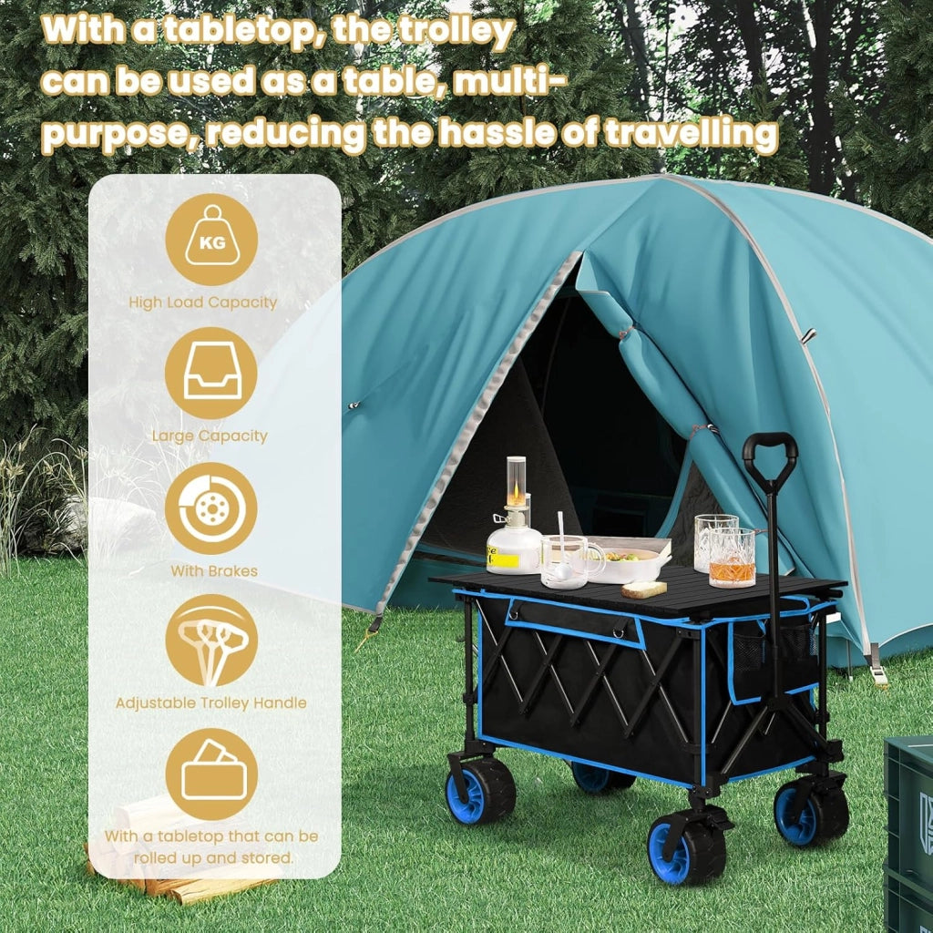 Carrello Pieghevole con Ruote da Spiaggia con Piano e Maniglia, Carrello da Giardino, Campeggio, Spesa, Borsa di Trasporto, Oxford+Acciaio, Nero+Blu