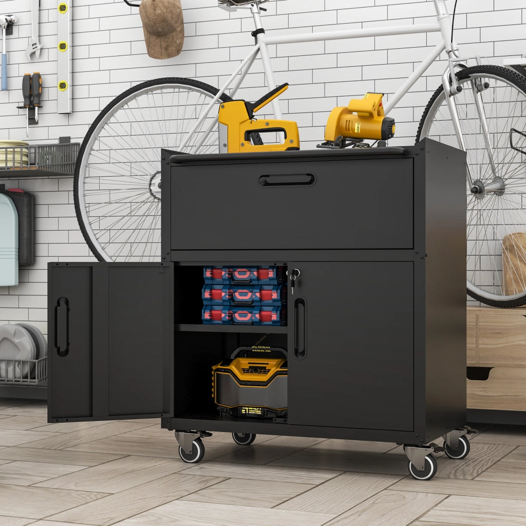 ARMADIO PORTAATTREZZI 75x42x88 cm in metallo nero-grigio con ruote e 1 cassetto