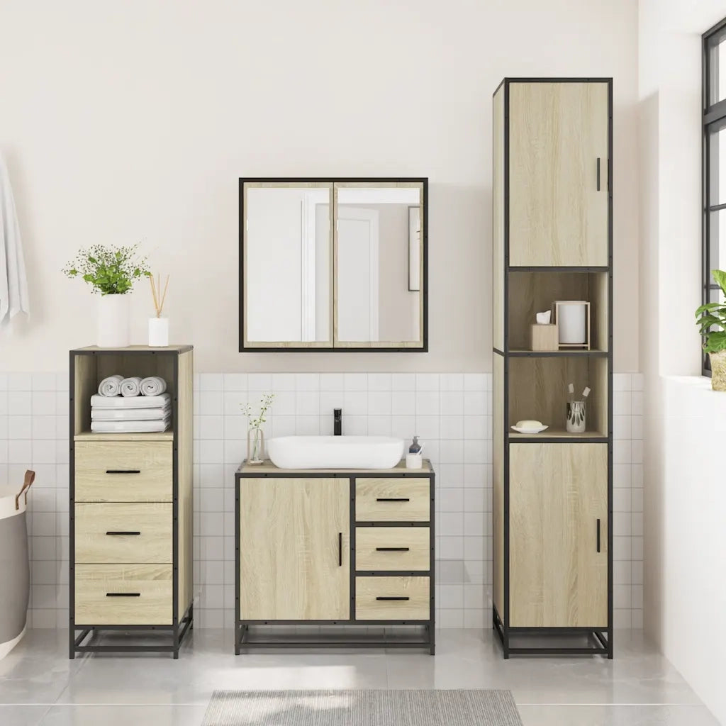 Set Mobili da Bagno 3 pz Rovere Sonoma in Legno Multistrato