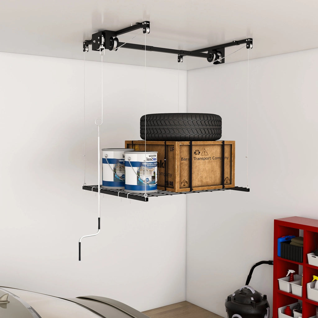 Scaffale da garage con sistema a manovella e blocco manuale per montaggio a soffitto; acciaio; nero; 120×120 cm