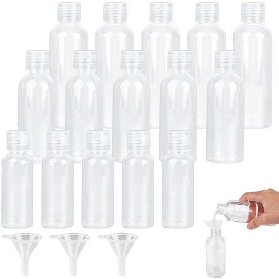 Set di contenitori da viaggio da 15 pezzi, contenitori da viaggio con formato da 50 ml, 80 ml, 100 ml, contenitori per liquidi con 3 bocchette, piccoli contenitori in plastica per riempire per shampoo, condizionatore, viaggio