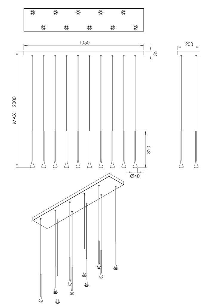 Lampada a Sospensione Susa LED 10x 5W 4650lm 3000K Dimmerabile in Metallo Nero/Ottone Satinato, IP20, Altezza Regolabile - Susa