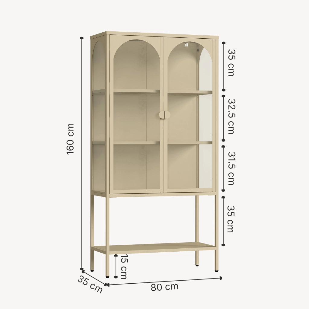 Vetrina Klippestad Credenza Alta a 2 Ante in Vetro e Ripiano Aperto 160 x 80 x 35 cm - Color Cammello [en.casa]