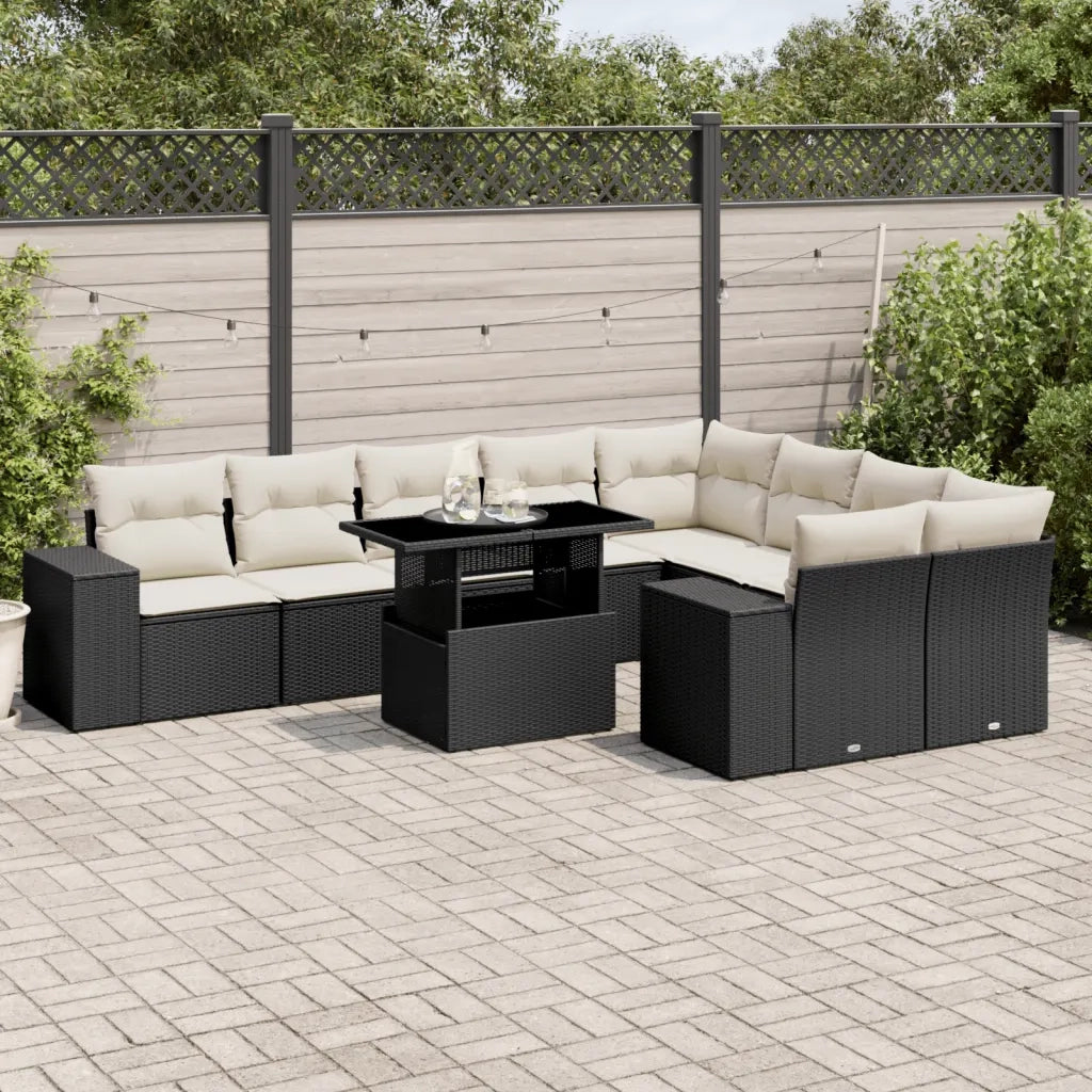 Set Divani da Giardino 10pz con Cuscini in Polyrattan Nero