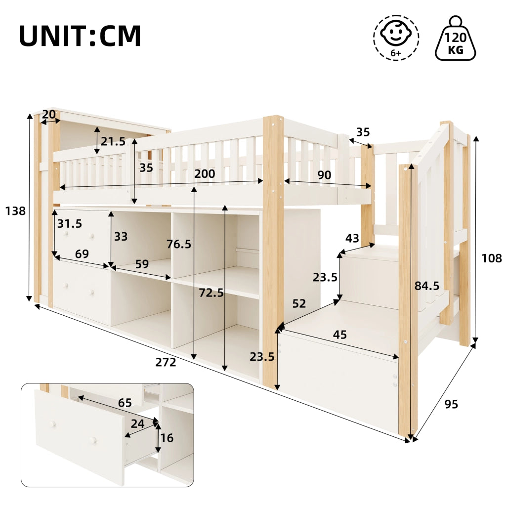 Letto rialzato per bambini 90x200 cm con cassetti; vani portaoggetti; scala contenitore e LED; bianco