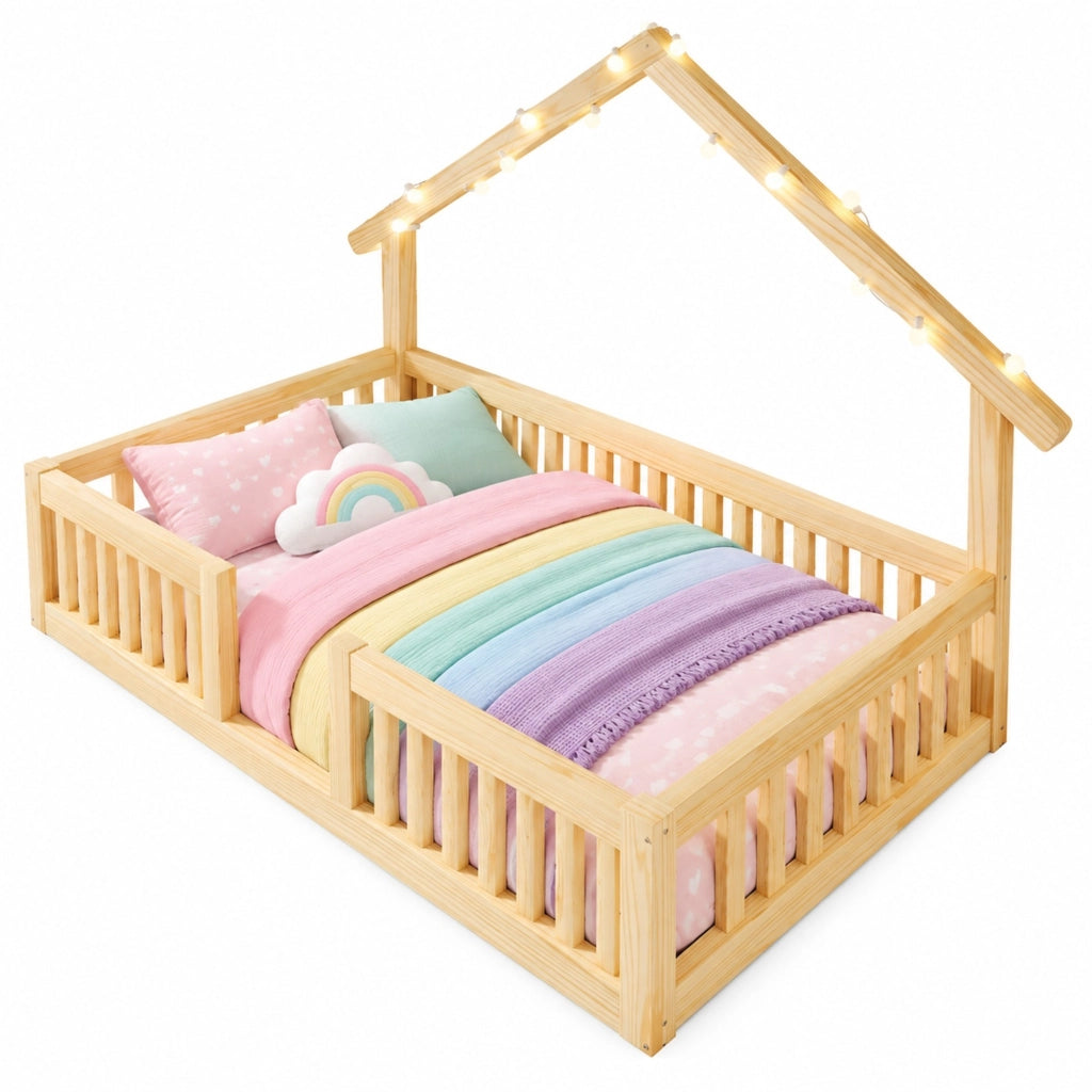 Letto a casetta per bambini 90x200 cm con sponde di sicurezza e luci LED; legno naturale