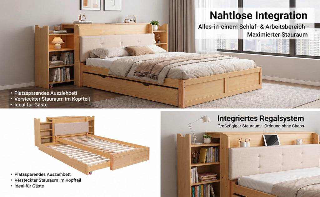 Letto estraibile 90 × 200 cm e 180 × 200 cm con ripiani laterali, presa USB et contenitore testiera, senza materasso, in legno ingegnerizzato, naturale
