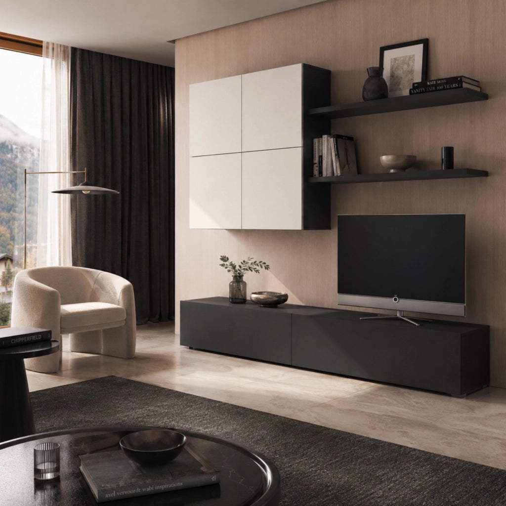 Mobile Soggiorno Parete Attrezzata Con Base TV 2 Ante Pensile 4 Ante E 2 Mensole Design Contemporaneo In Melaminico Facile Da Pulire 200 X 194 X 40 Cm Bianco E Grigio Grafite