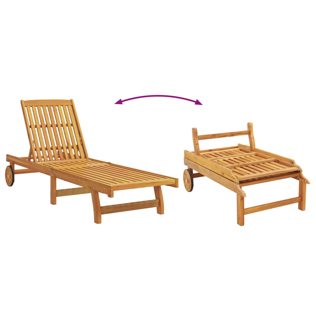 Sdraio con Ruote  2 pz con Tavolo e Cuscino in Legno Massello d'Acacia
