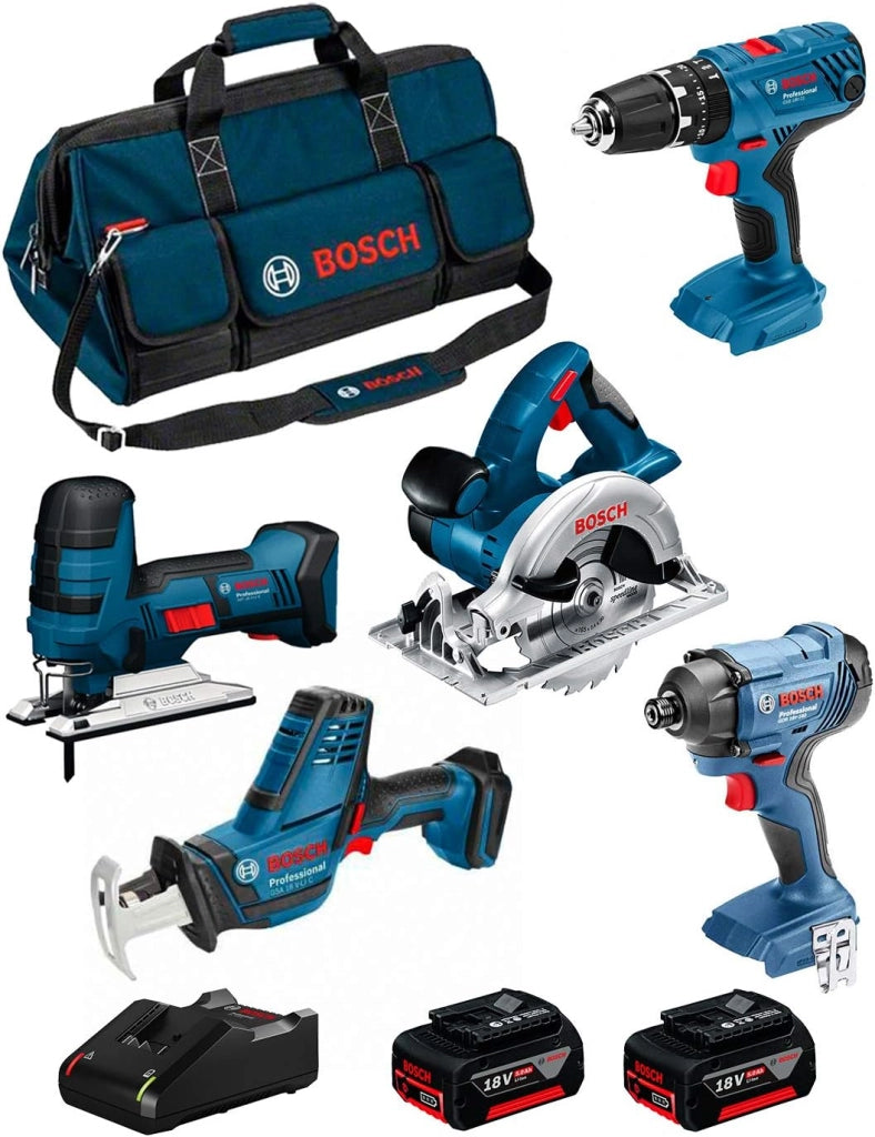 BOSCH Kit 18V BK502BAG (GSA 18 V-LI C + GST 18 V-LI S + GKS 18 V-LI + GSB 18V-21 + GDR 18V-160 + 2 Batteries di 5,0 Ah + Caricabatterie + Borsa)