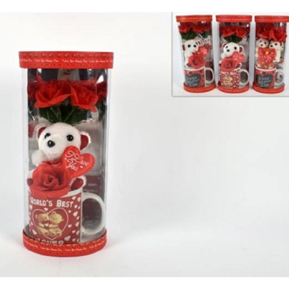 Trade Shop - Tazzone Tazza Con Orsetto Fiore In Box Regalo San Valentino 3 Modelli Assortiti -