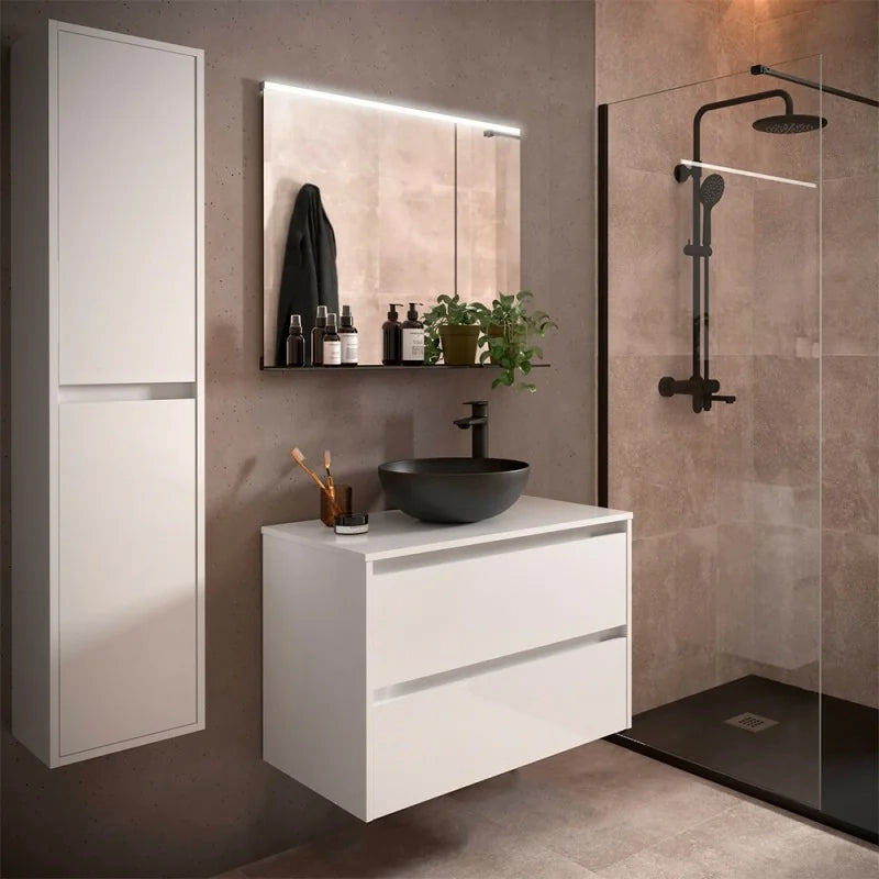 Mobile bagno sospeso 80 cm bianco lucido con top per lavabo da appoggio Gaya