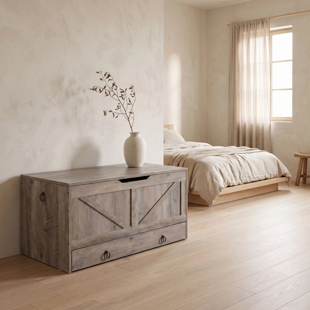 Kura - Cassapanca contenitore 100x50x40 cm Portaoggetti con Cerniere di Sicurezza e con Cassettiera in Legno Industrial