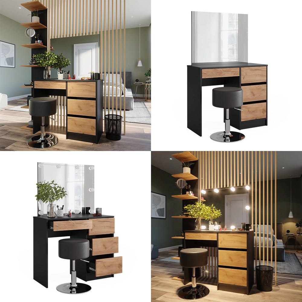 Vicco Tavolo da toilette Antracite/quercia dorata 90 x 75 cm con specchio e sgabello