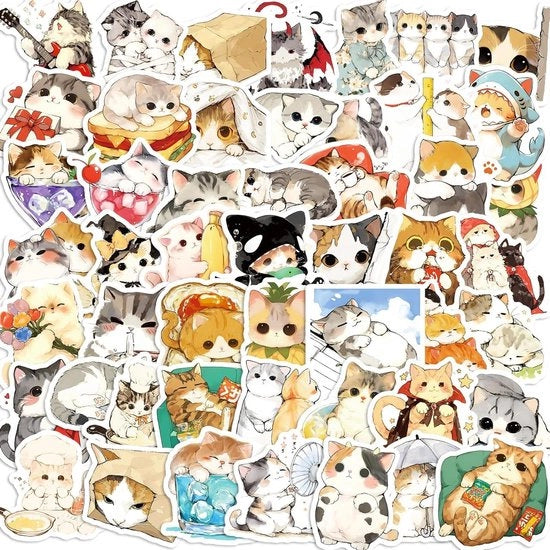 Set di 50 adesivi decorativi con diversi gatti di razza - Estetica di adesivo - Adesivo meme - Decorazione per gatti
