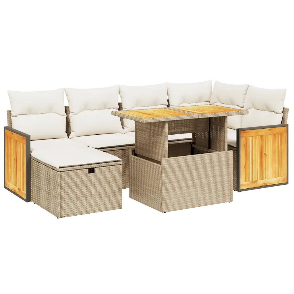 Set Divani da Giardino 7 pz con Cuscini Beige in Polyrattan