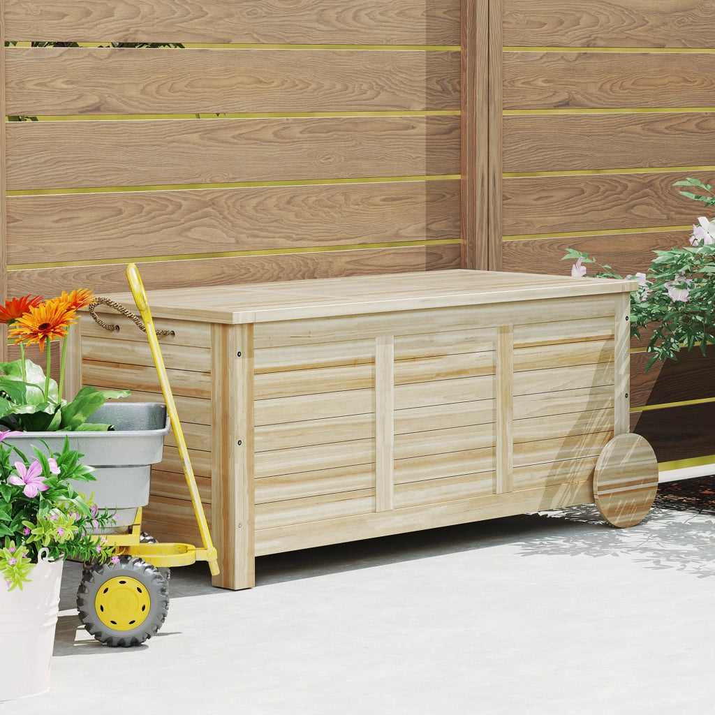 Baule Cassapanca da Esterno 110x50x50 cm a 2 Ruote con Telo Interno in Legno di Abete