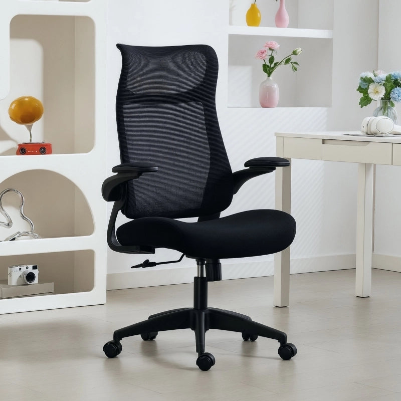 Sedia da ufficio ergonomica con braccioli regolabili, schienale in rete traspirante, poggiatesta e reclinazione nera