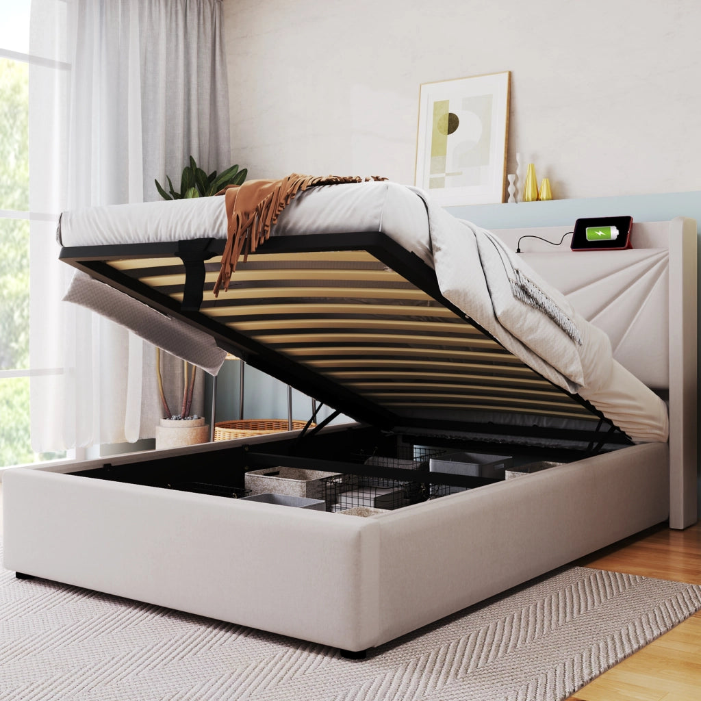Letto contenitore singolo 90×200 cm con USB Type-C; testiera; materasso incluso; beige