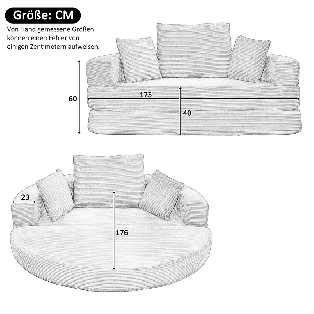 Divano letto pieghevole senza molle in velluto a coste con 3 cuscini e schienale alto nero 173 × 176 cm
