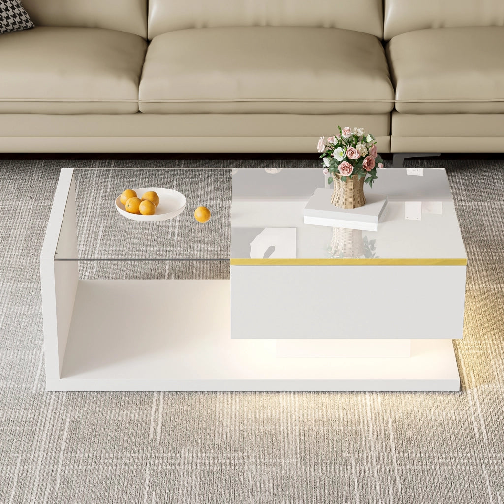 Tavolino da caffè 90x50x32.5 cm; LED dimmerabile con vano contenitore; truciolare e vetro; bianco