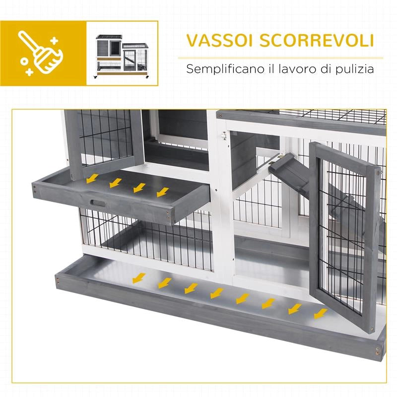 CONIGLIERA IN LEGNO CON RUOTE VASSOI ESTRAIBILI E CASETTA CON RAMPA 110X50X88 CM GRIGIO E BIANCO
