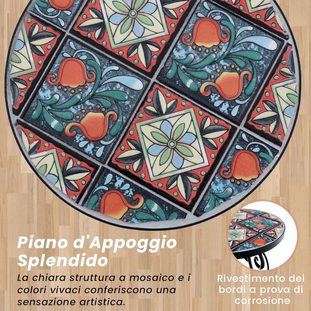 Tavolino per Esterno ed Interno, Tavolino Rotondo con Piano in Piastrelle di Ceramica e Attraenti Motivi, Tavolino Porta Piant per Cortile, Giardino e Salotto