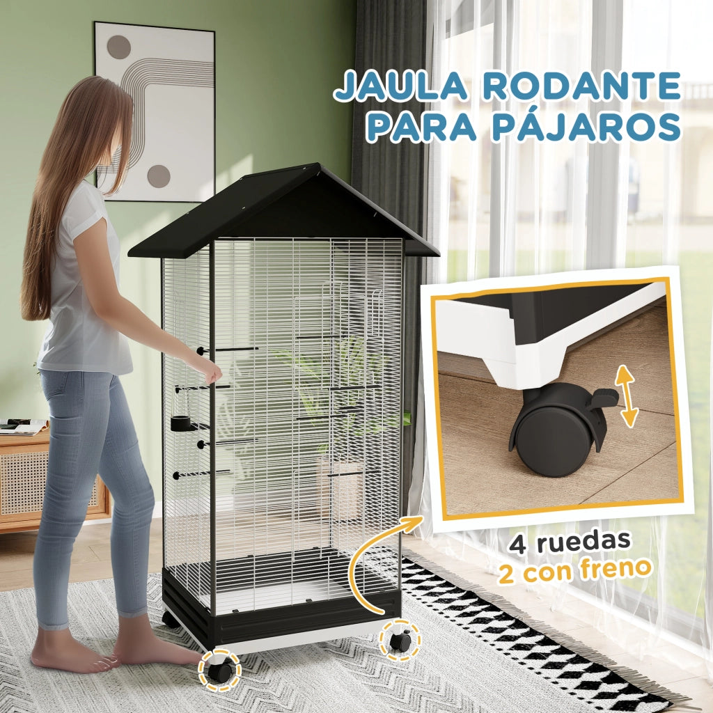 Gabbia per Uccelli con Ruote ¨C Xylo ¨C Metallo Nero con Vassoio Estraibile 79x65x155 cm