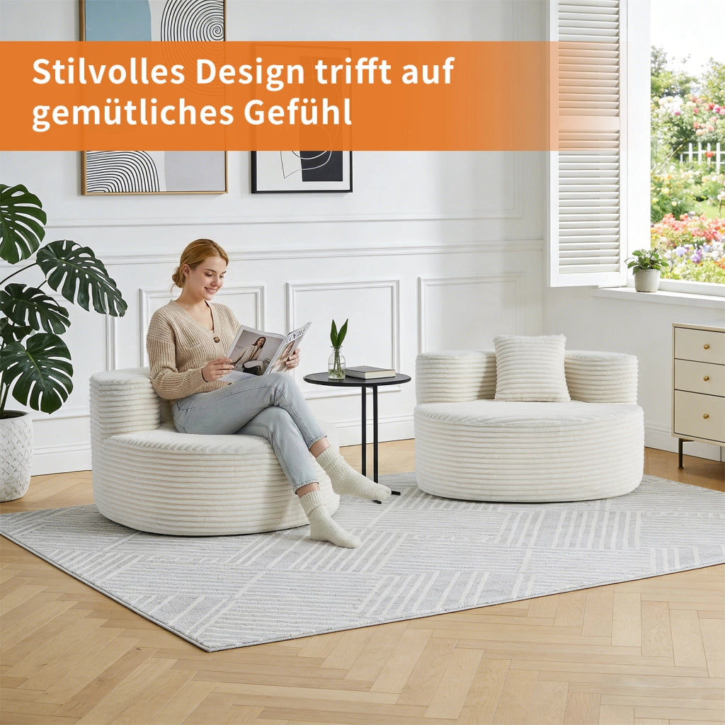Poltrona in tessuto a coste beige, senza montaggio, con cuscino, per soggiorno e camera da letto, 112 × 105 × 59 cm
