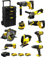 STANLEY FatMax Kit SVK900 (SFMCH900 + SFMCG400 + SFMCD711 + SFMCF800 + SFMCS500 + SFMCS600 + SFMCW220 + SFMCS300 + SFMCE500 + 3 Batterie 2,0 Ah + Caricabatteria + Caddy 3in1)