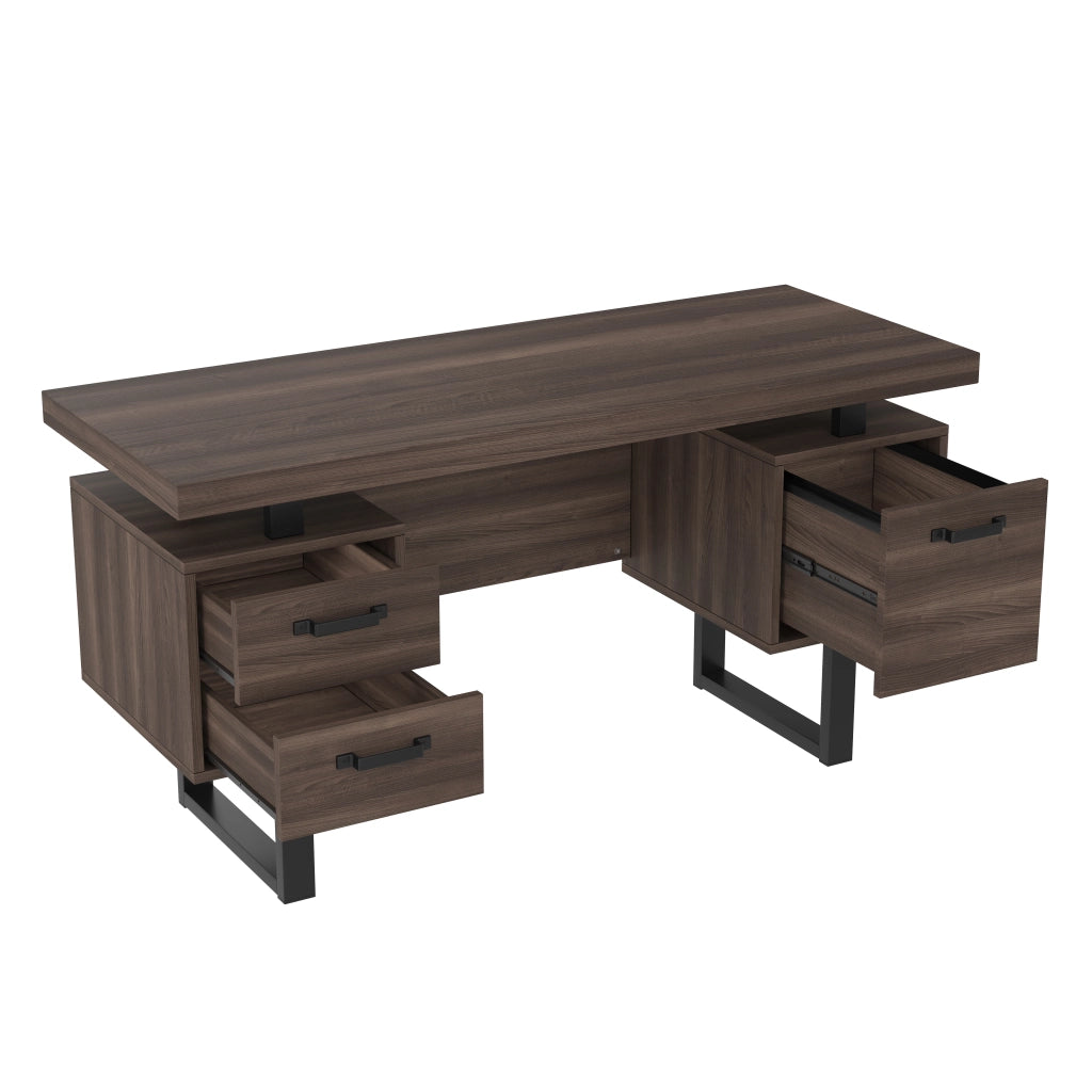 Scrivania lineare con 2 cassetti e vano per raccoglitori, in MDF e metallo, per ufficio, marrone, 135 × 54 cm