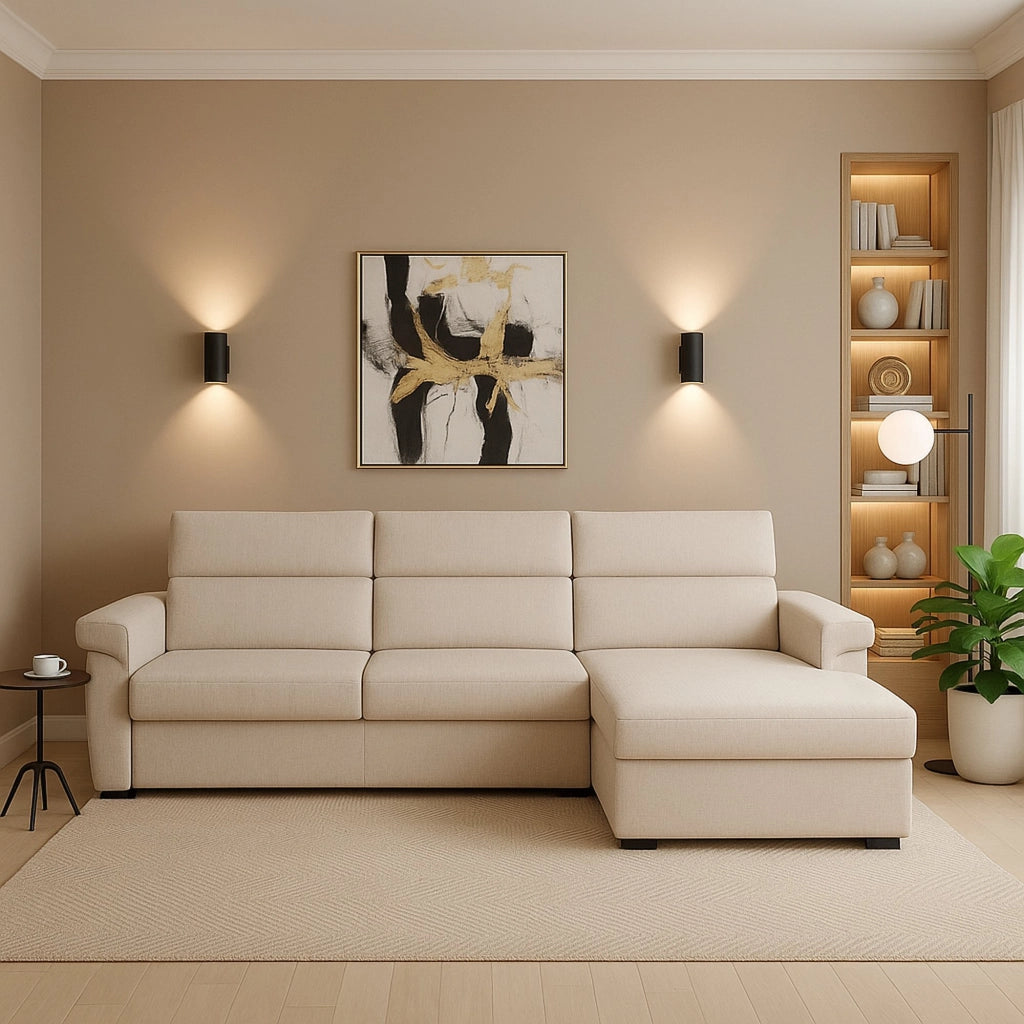 Ceto, Divano Fisso con Penisola Sfoderabile Made in Italy, 285x160 cm Beige